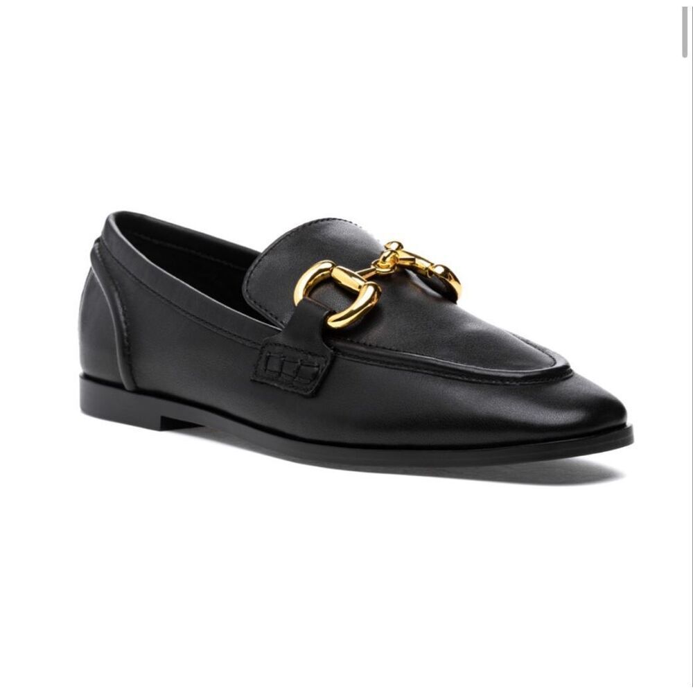 Jeffrey Campbell Black Leather Velviteen Gold Buckle Detailing Loafers Women's 8